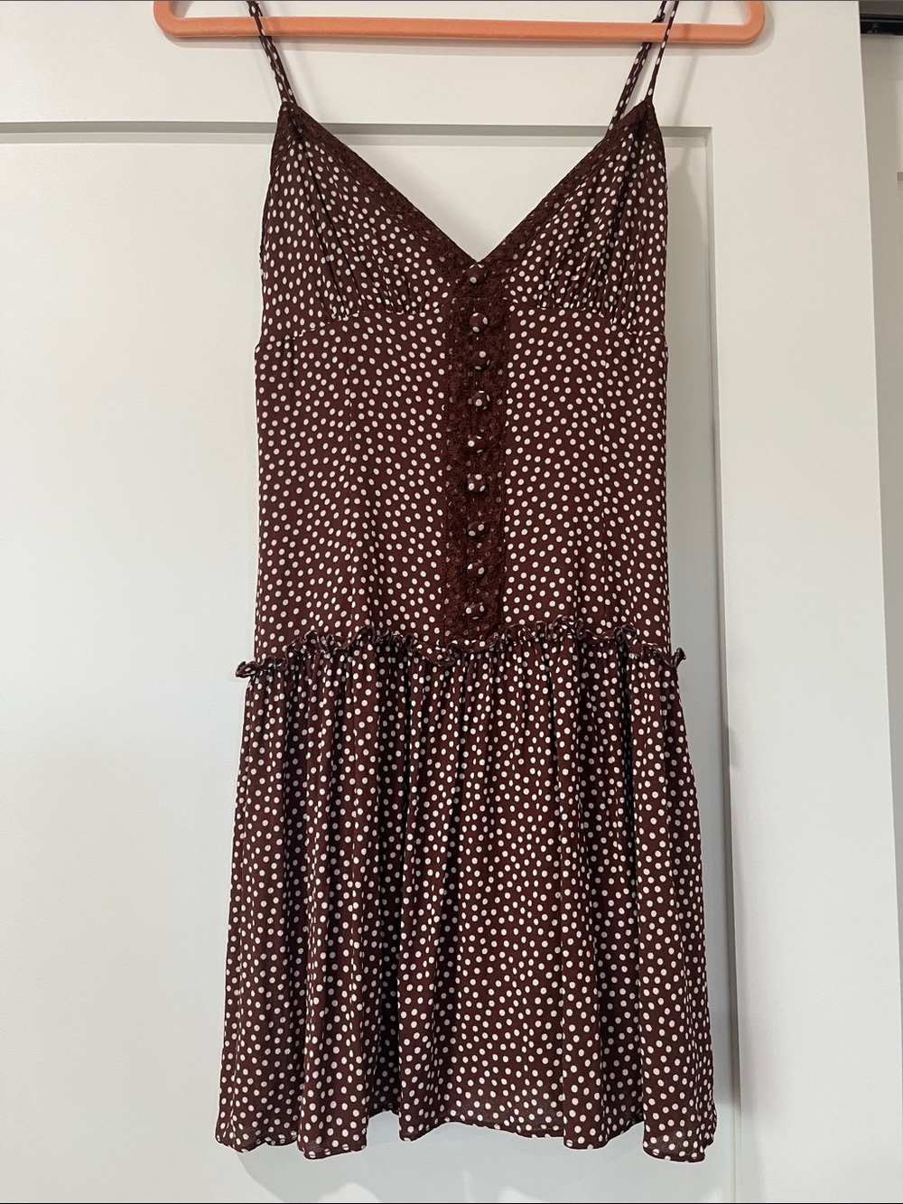 Reformation Brown Mini Dress with Cream Polka Dots